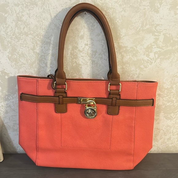 COPY - Michael Kors Vibrant Orange and Brown Tote with Gold Accent - Picture 1 of 7